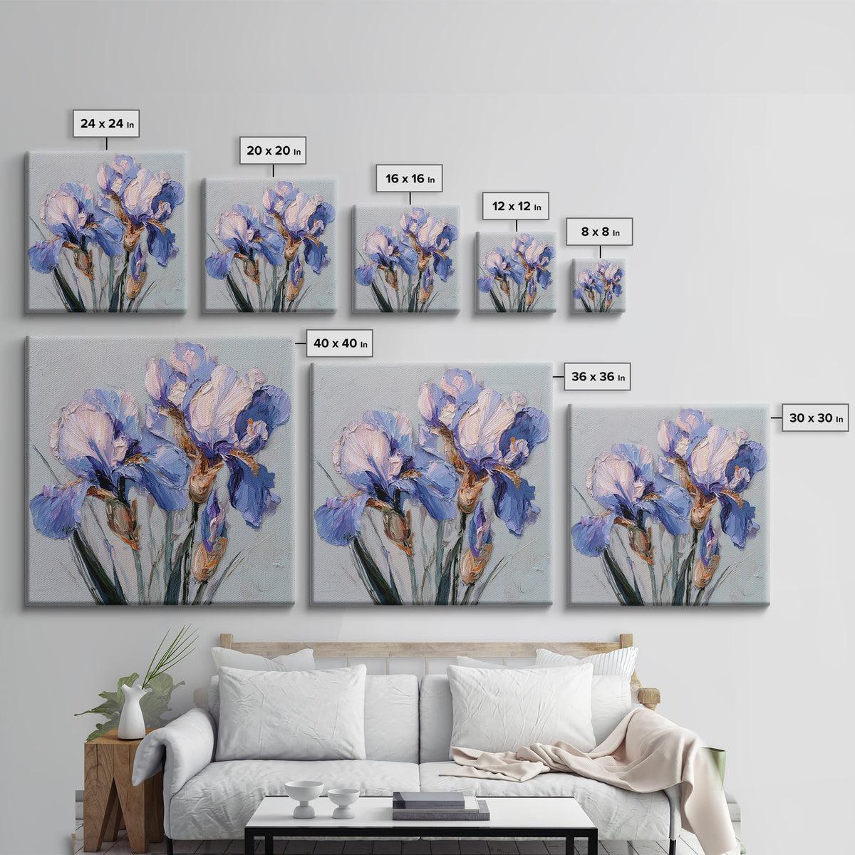 Irises Painted with Expressive Blue Strokes Framed Canvas Print, Floral Art, Botanical Curtain, Living Room Decor, Oil Painting, FLO-1x1-46