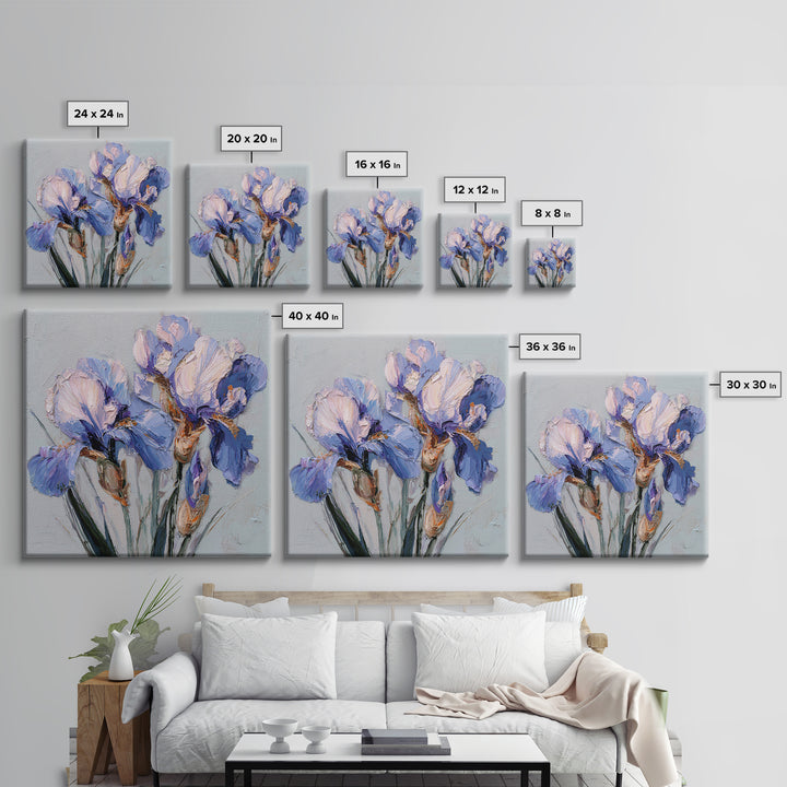 Irises Painted with Expressive Blue Strokes Framed Canvas Print, Floral Art, Botanical Curtain, Living Room Decor, Oil Painting, FLO-1x1-46