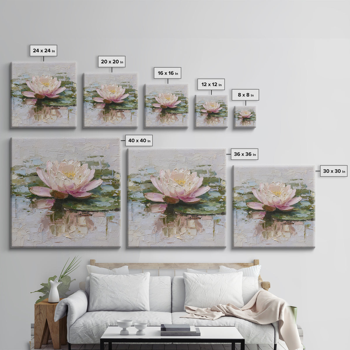 Lotus Blossom Floating on Still Water Framed Canvas Print, Floral Art, Gallery Decor, Living Room Decor, Fine Art, Bloom, FLO-1x1-62