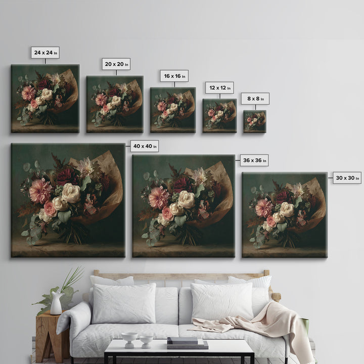 Romantic Bouquet Wrapped Framed Canvas Print, Floral Art, Modern Southern Floral Art, Living Room Decor, Fine Art, Bloom, FLO-1x1-72