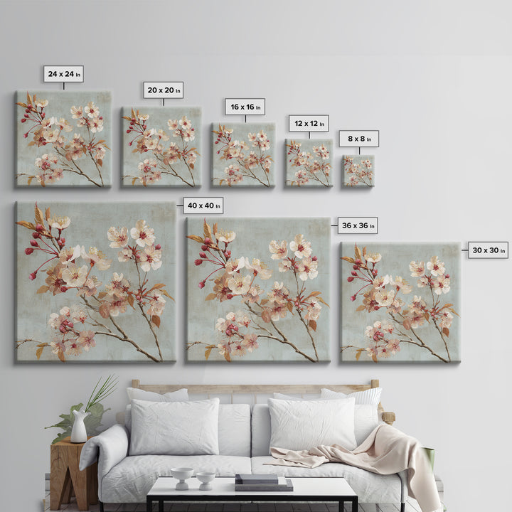 Delicate Cherry Blossom Branch on Pale Sky Framed Canvas Print, Floral Art, Statement Artwork, Living Room Decor, Bloom, FLO-1x1-78