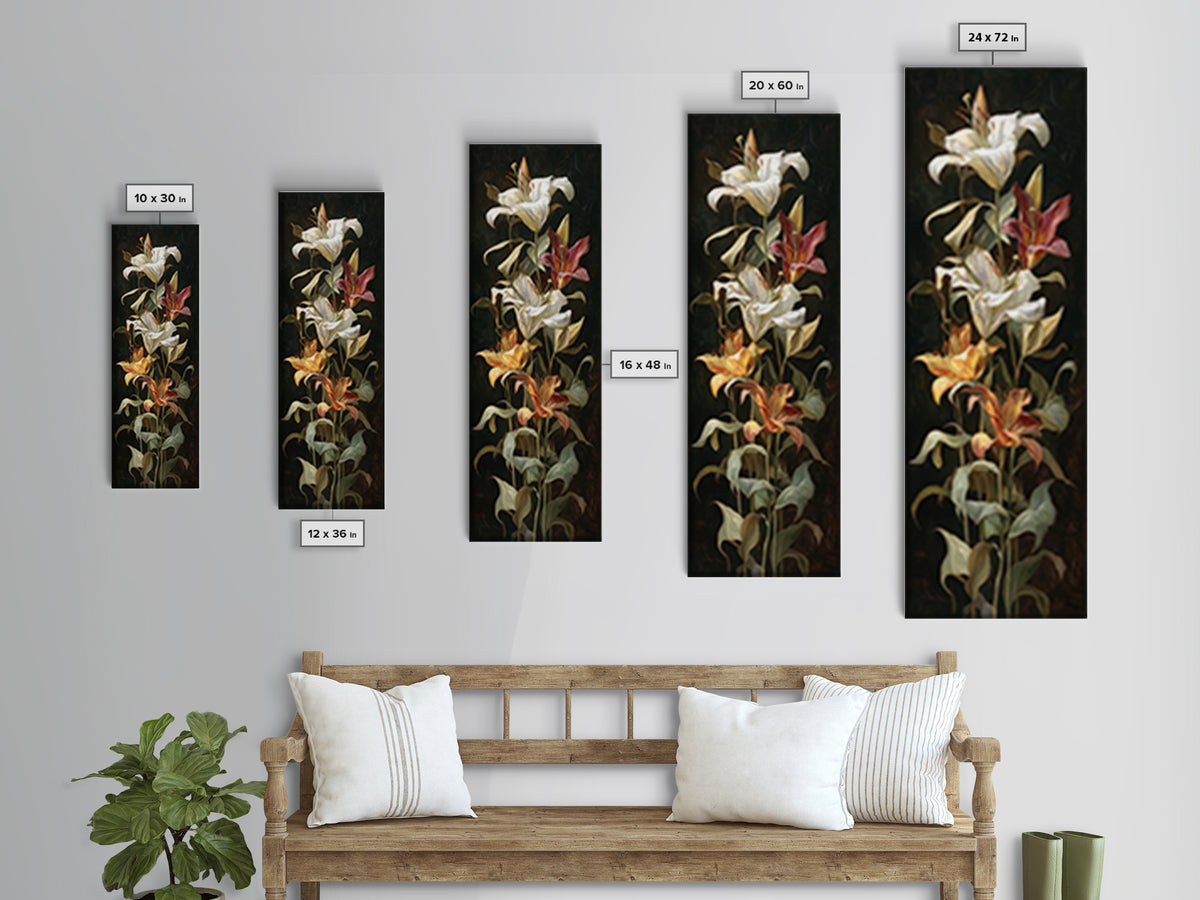 Lily Bouquet with Dramatic Dark Background Canvas Print, Floral Art, Art Nouveau Decor, Living Room Decor, Fine Art, Bloom, FLO-1x3-56