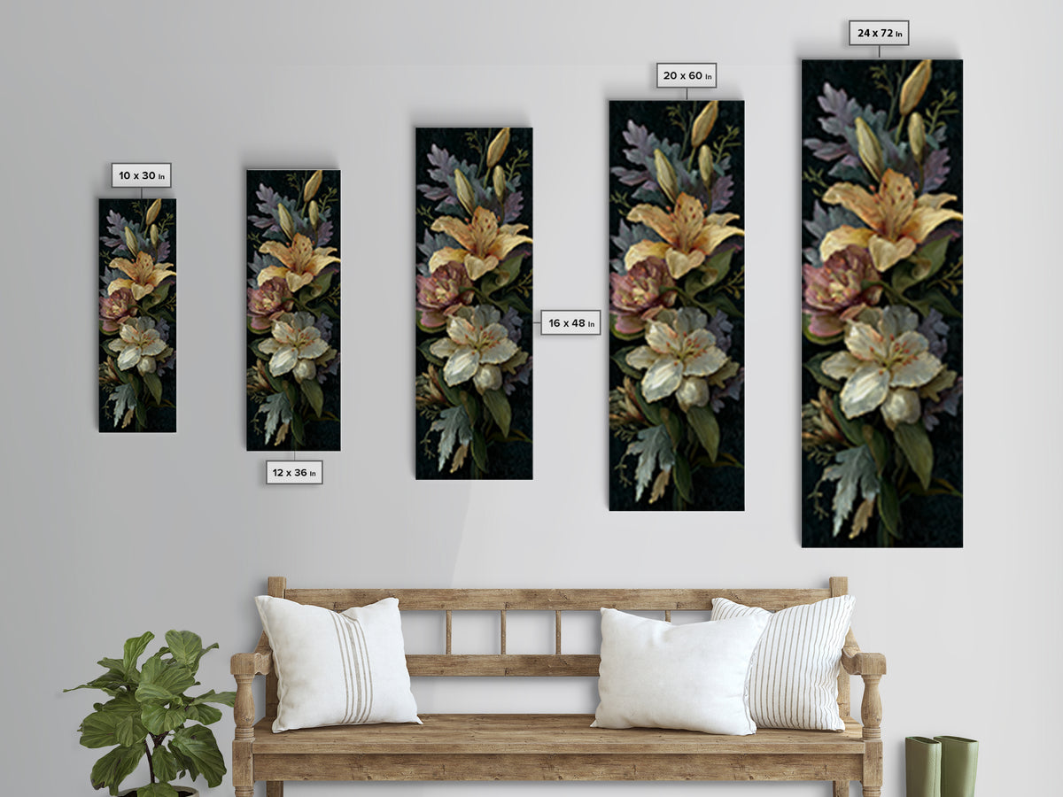 Lily Bouquet with Dramatic Dark Background Framed Canvas Print, Floral Art, Floral Art Prints, Living Room Decor, Oil Painting, FLO-1x3-80