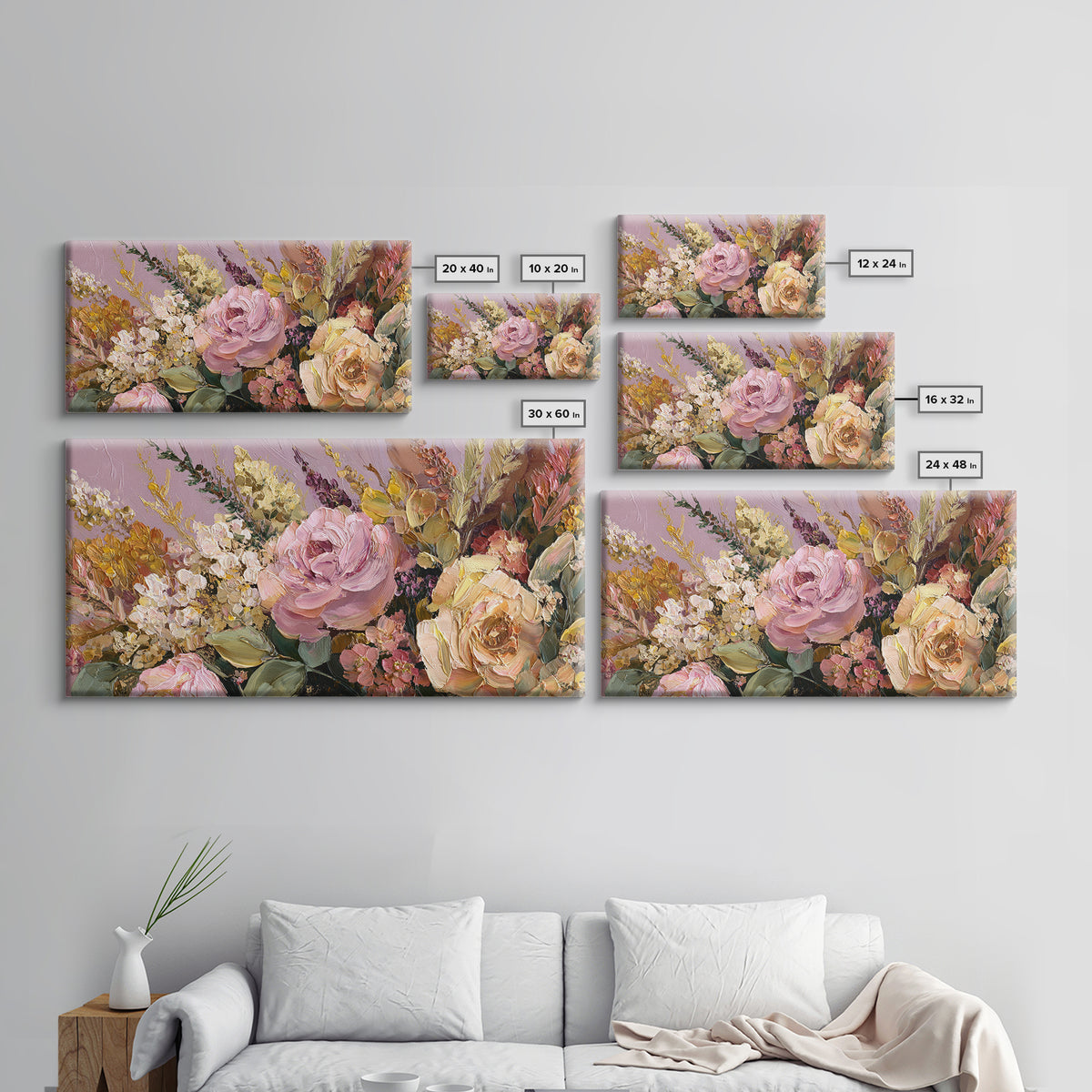 Floral Wreath of Garden Roses and Herbs Canvas Print, Floral Art, Dark Academia Decor, Living Room Decor, Fine Art, Bloom, FLO-2x1-61