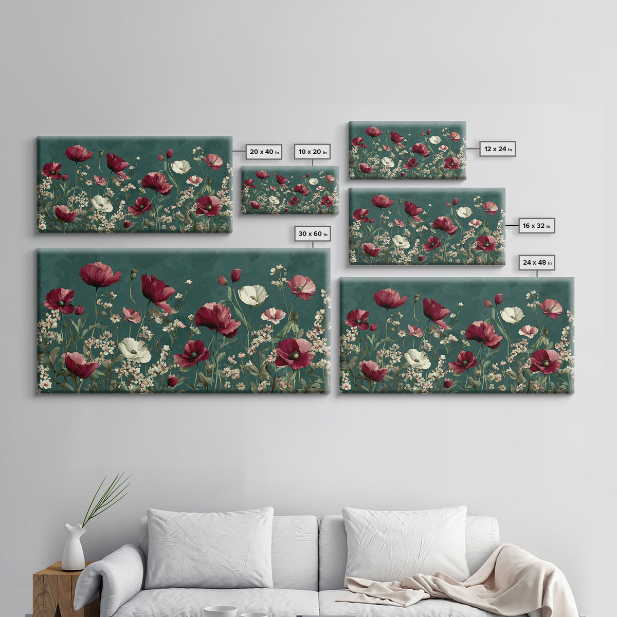 Poppy Field with Red Petals and Green Canvas Print, Floral Art, Art Nouveau Decor, Living Room Decor, Fine Art, Bloom, FLO-2x1-76
