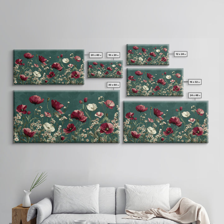 Poppy Field with Red Petals and Green Canvas Print, Floral Art, Art Nouveau Decor, Living Room Decor, Fine Art, Bloom, FLO-2x1-76