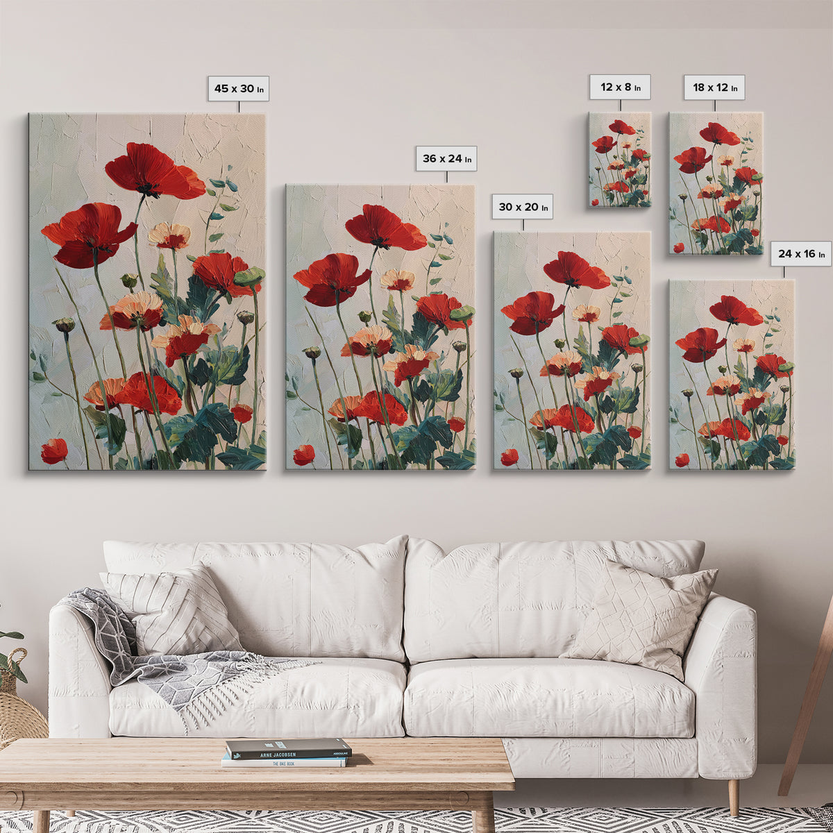 Poppy Field with Red Petals and Green Framed Canvas Print, Floral Art, Art Nouveau Decor, Living Room Decor, Fine Art, Bloom, FLO-2x3-88