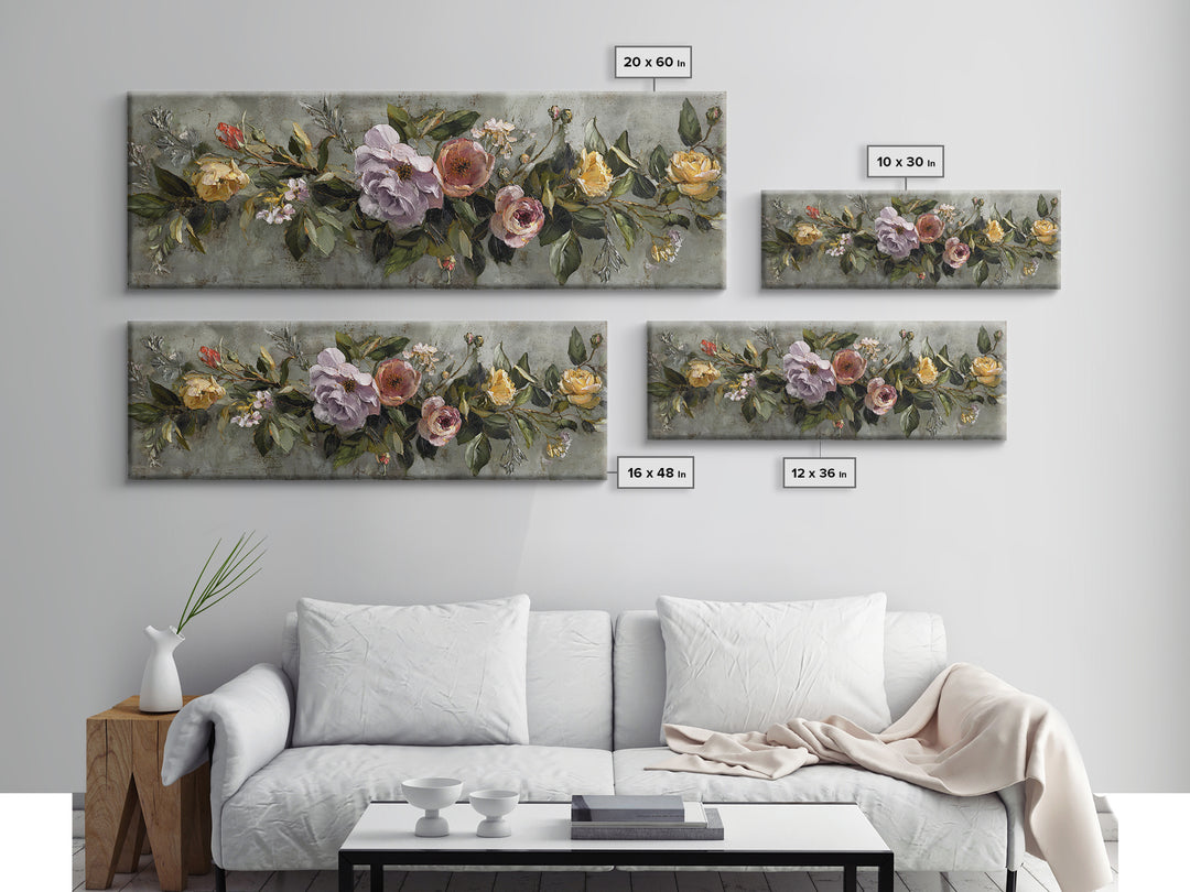 Floral Wreath of Garden Roses and Herbs Canvas Print, Floral Art, Floral Art Prints, Living Room Decor, Oil Painting, Bloom, FLO-3x1-33