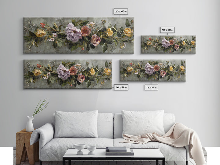 Floral Wreath of Garden Roses and Herbs Canvas Print, Floral Art, Floral Art Prints, Living Room Decor, Oil Painting, Bloom, FLO-3x1-33