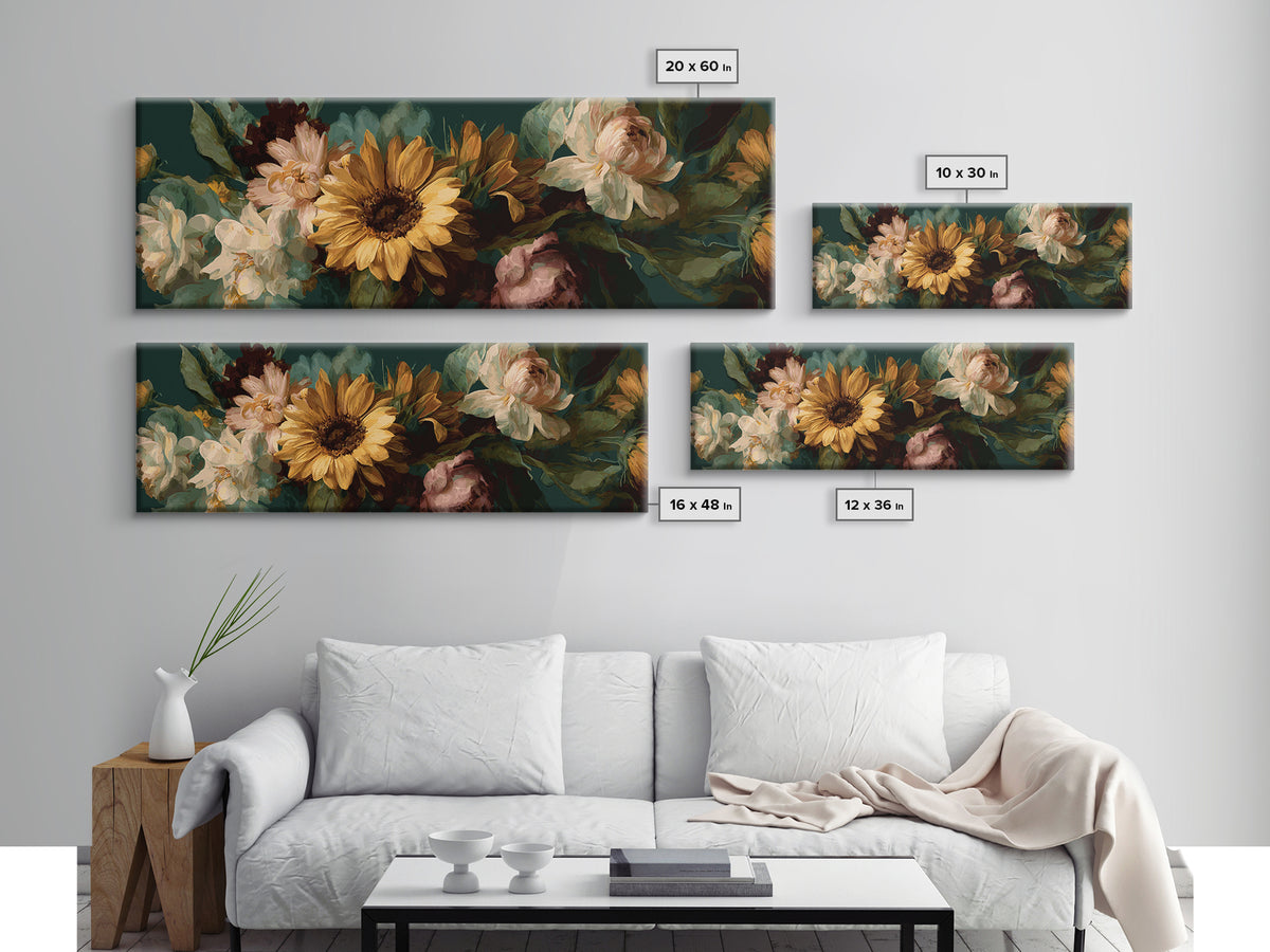 Sunflower Bouquet in Bold Golden Tones Canvas Print, Floral Art, Art Nouveau Locket, Living Room Decor, Fine Art, Bloom, FLO-3x1-45