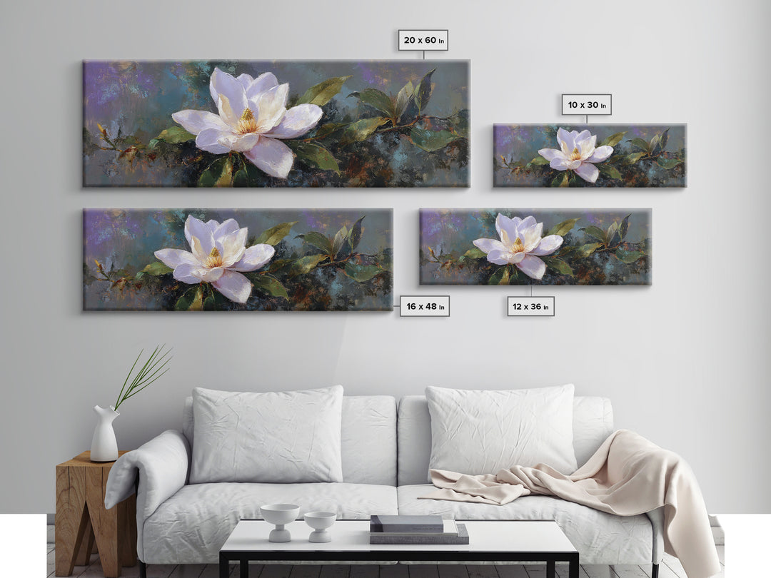 Single White Magnolia on Charcoal Ground Framed Canvas Print, Floral Art, Home Decor, Living Room Decor, Fine Art, Bloom, FLO-3x1-68