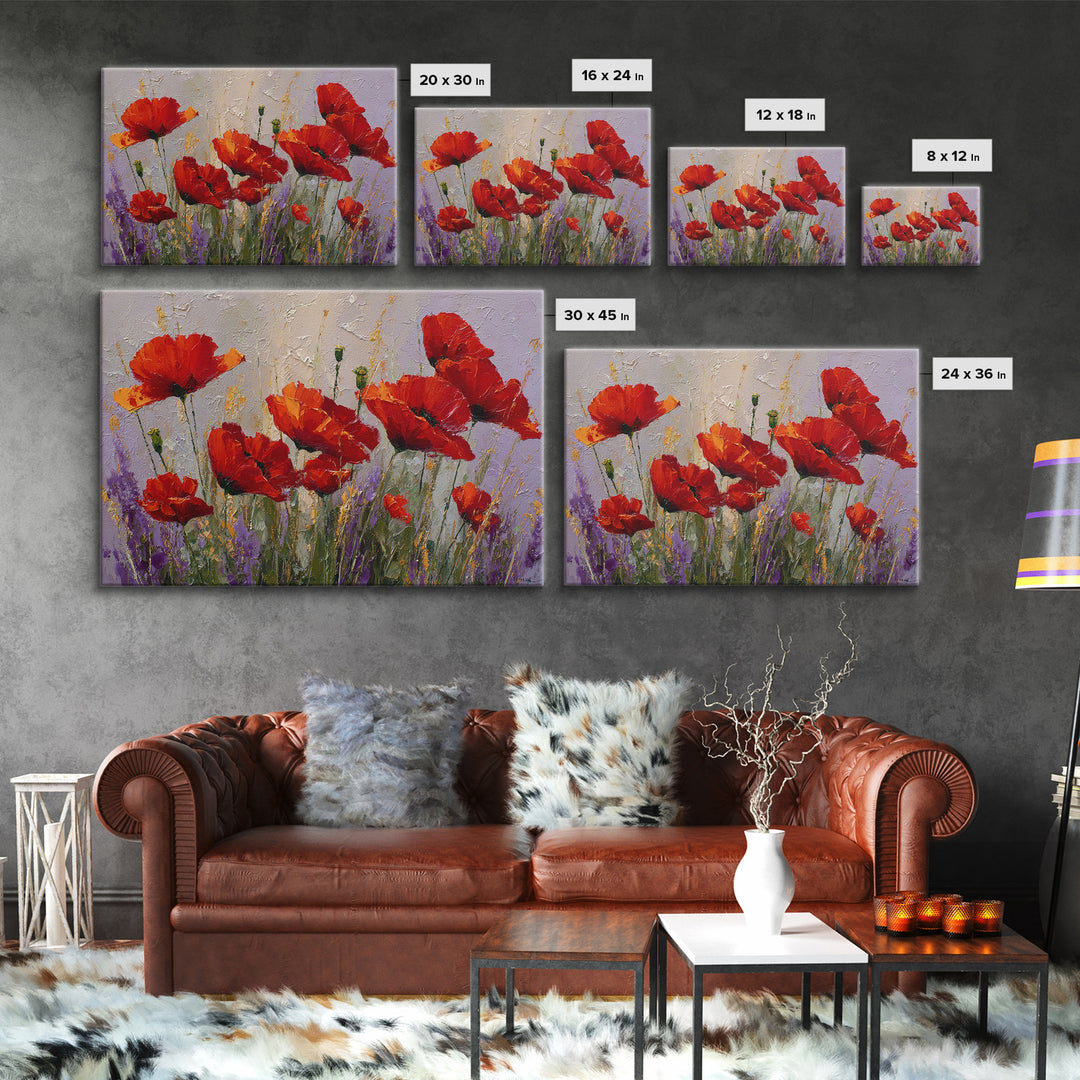 Poppy Field with Red Petals and Green Canvas Print, Floral Art, Floral Art Prints, Living Room Decor, Oil Painting, Bloom, FLO-3x2-12