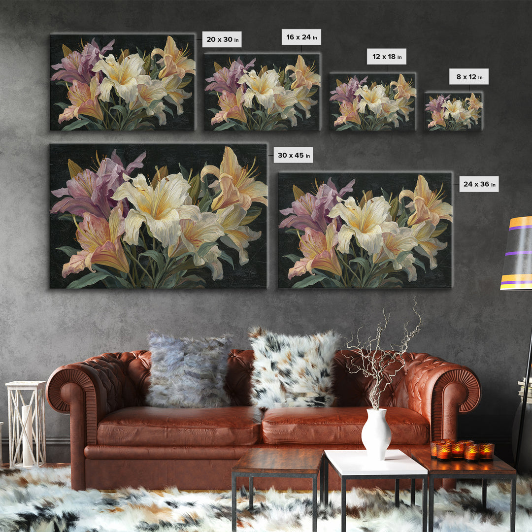 Lily Bouquet with Dramatic Dark Background Framed Canvas Print, Floral Art, Art Nouveau Locket, Living Room Decor, Bloom, FLO-3x2-24