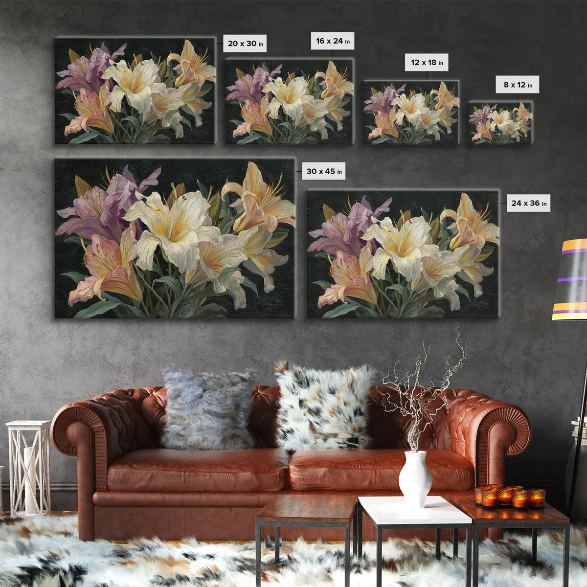 Lily Bouquet with Dramatic Dark Background Framed Canvas Print, Floral Art, Art Nouveau Locket, Living Room Decor, Bloom, FLO-3x2-24