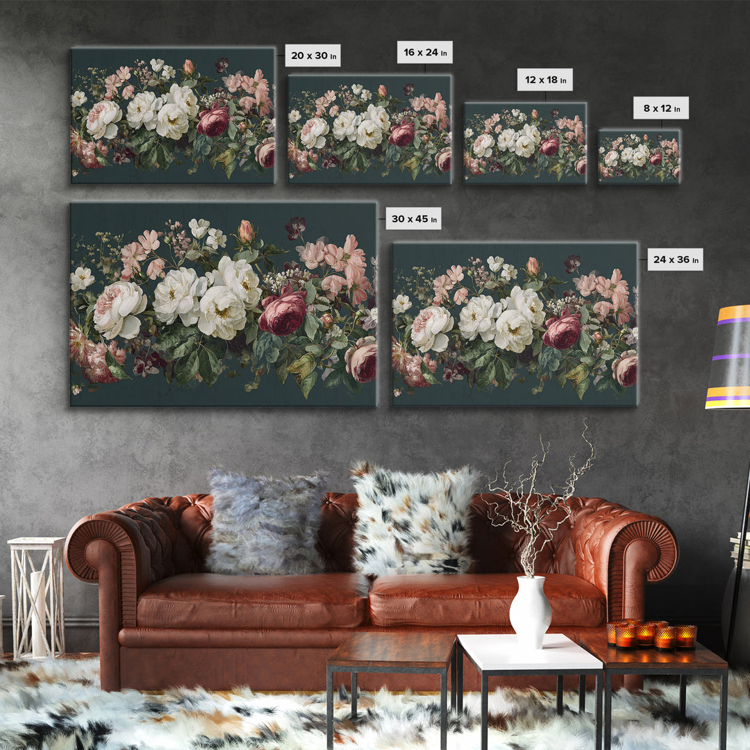 Floral Wreath of Garden Roses and Herbs Framed Canvas Print, Floral Art, Gallery Decor, Living Room Decor, Fine Art, Bloom, FLO-3x2-45