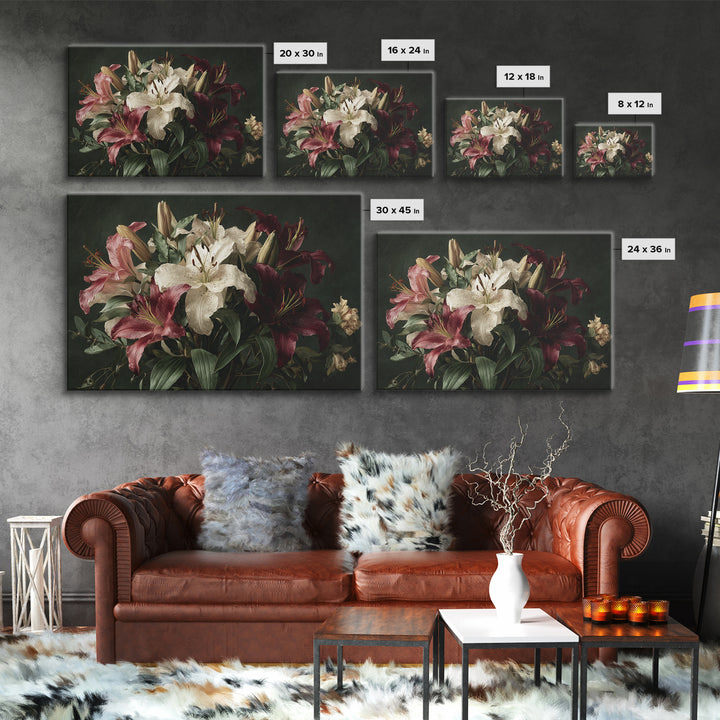 Lily Bouquet with Dramatic Dark Background Canvas Print, Floral Art, Gallery Decor, Living Room Decor, Fine Art, Bloom, FLO-3x2-48