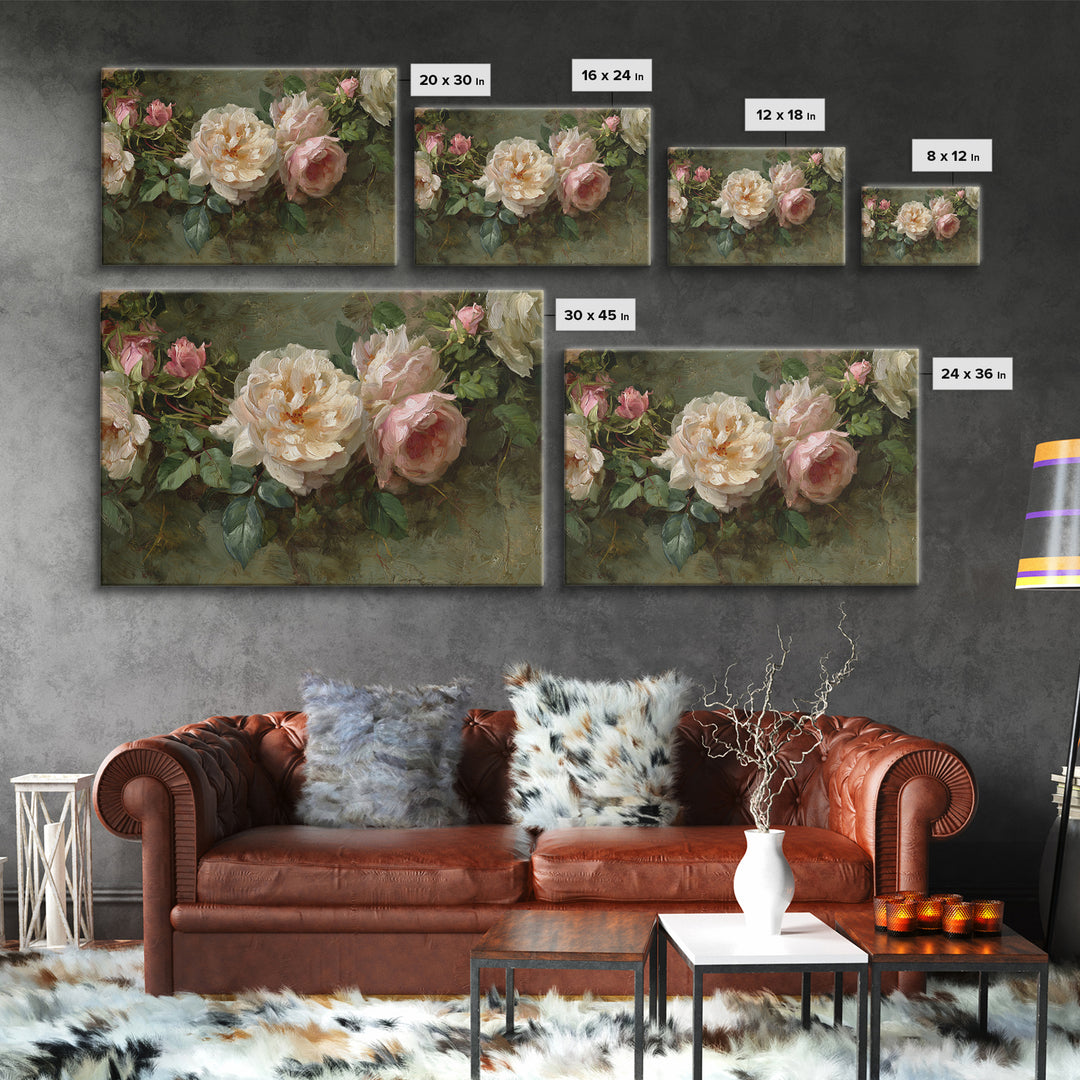 Floral Wreath of Garden Roses and Herbs Framed Canvas Print, Floral Art, Gallery Decor, Living Room Decor, Fine Art, Bloom, FLO-3x2-69
