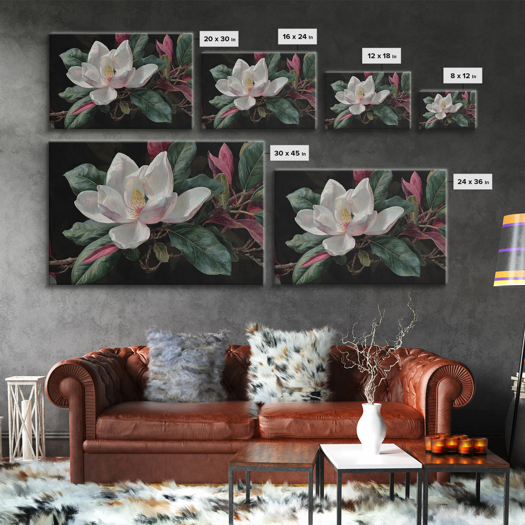 Single White Magnolia on Charcoal Ground Framed Canvas Print, Floral Art, Home Decor, Living Room Decor, Fine Art, Bloom, FLO-3x2-80