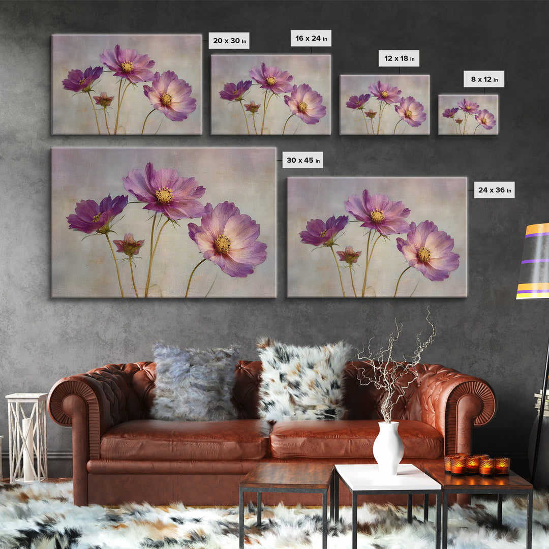 Cosmos Flowers Swaying Framed Canvas Print, Floral Art, Dark Academia Decor, Living Room Decor, Bloom, Printable Artwork, FLO-3x2-99