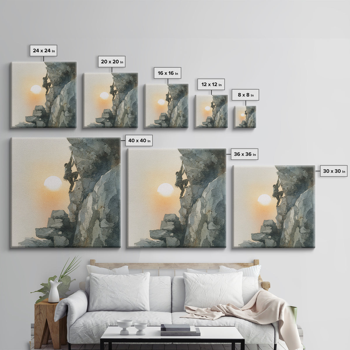 Rock Climber Reaching Toward Warm Light Framed Canvas Print, Fitness Studio Art, Dance Studio Decor, Gym Decor, Motion, FSA-1x1-63