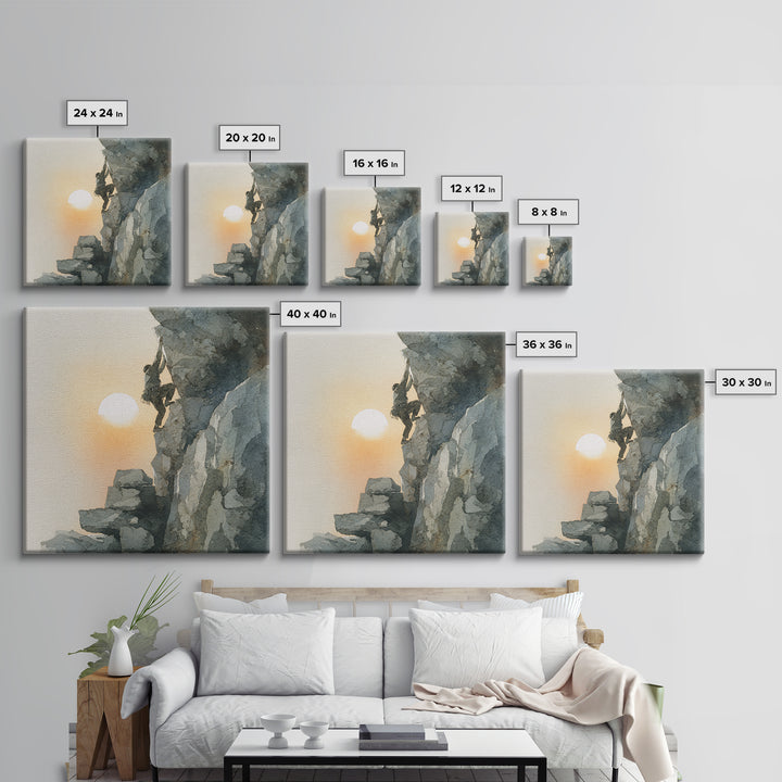 Rock Climber Reaching Toward Warm Light Framed Canvas Print, Fitness Studio Art, Dance Studio Decor, Gym Decor, Motion, FSA-1x1-63