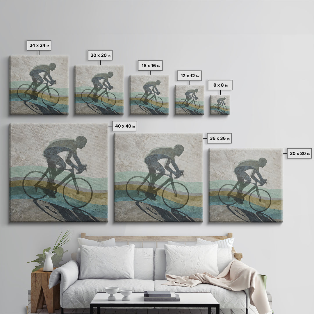 Cycling Figure in Bold Speed Lines Framed Canvas Print, Fitness Studio Art, Home Decor, Gym Decor, Oil Painting, Motion, FSA-1x1-80