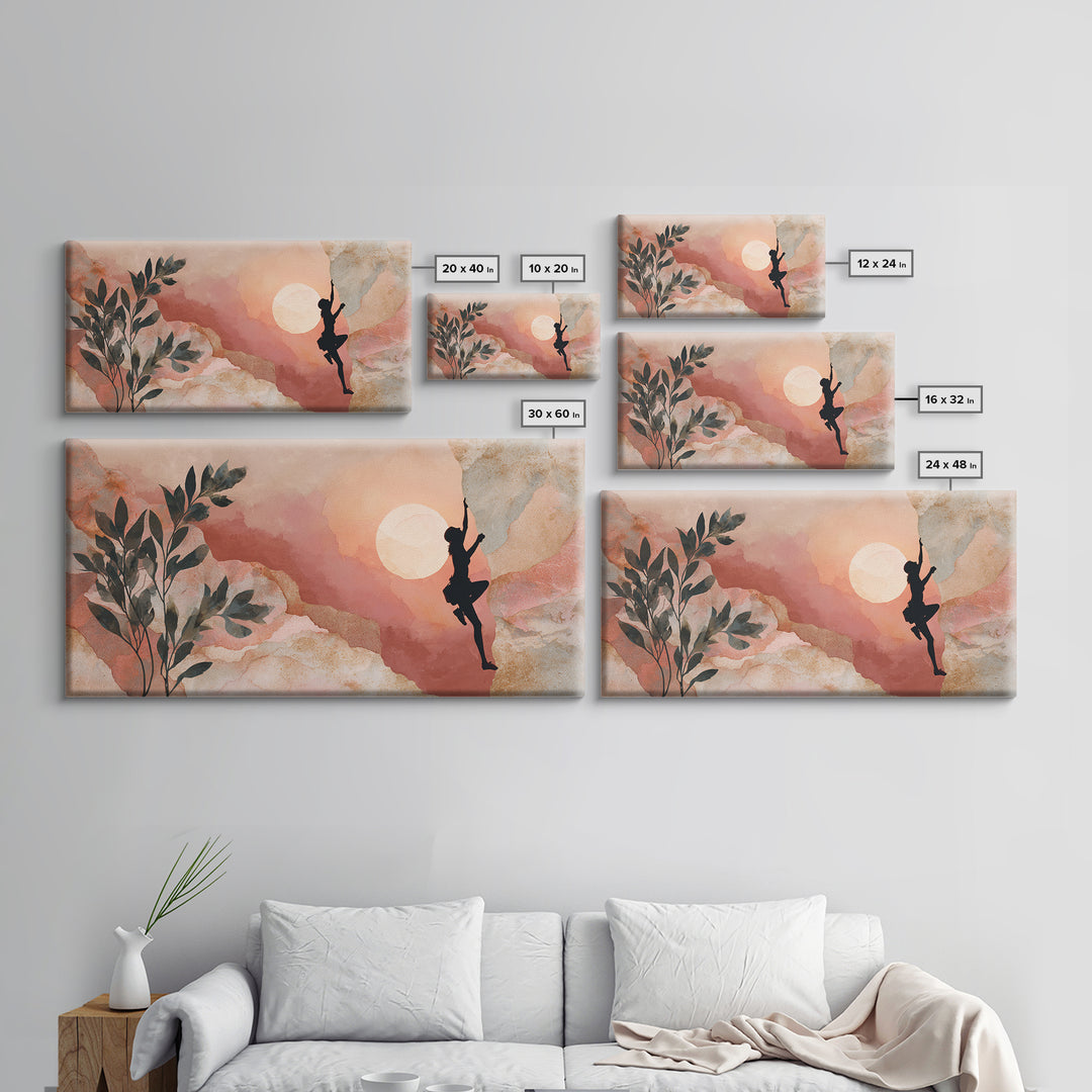 Rock Climber Reaching Toward Warm Light Framed Canvas Print, Fitness Studio Art, Boho Decor, Gym Decor, Oil Painting, Motion, FSA-2x1-35