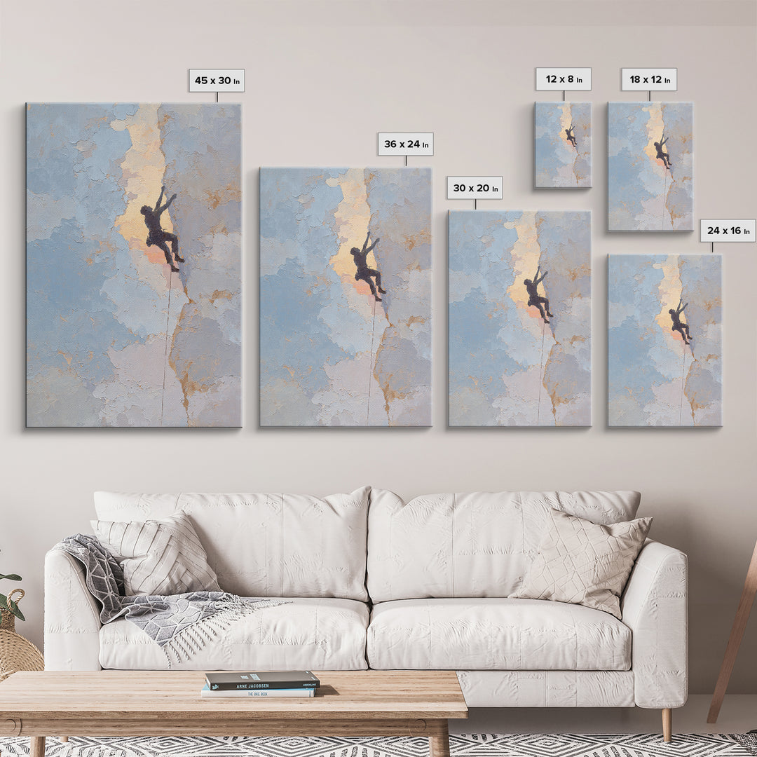 Rock Climber Reaching Toward Warm Light Framed Canvas Print, Fitness Studio Art, Physical Therapy Art, Gym Decor, Abstract Art, FSA-2x3-47