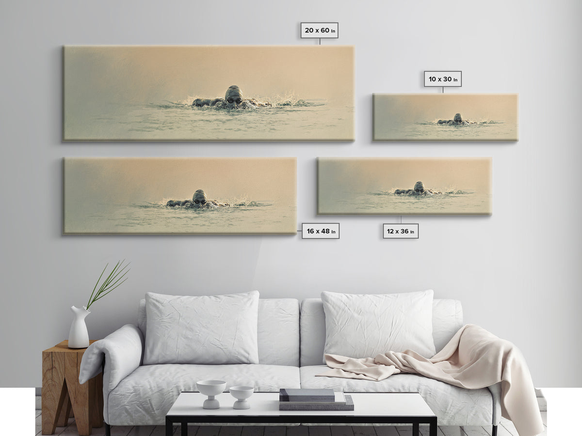 Swimmer Emerging Through Water Texture Framed Canvas Print, Fitness Studio Art, Large Wall Art, Gym Decor, Fine Art, Motion, FSA-3x1-82