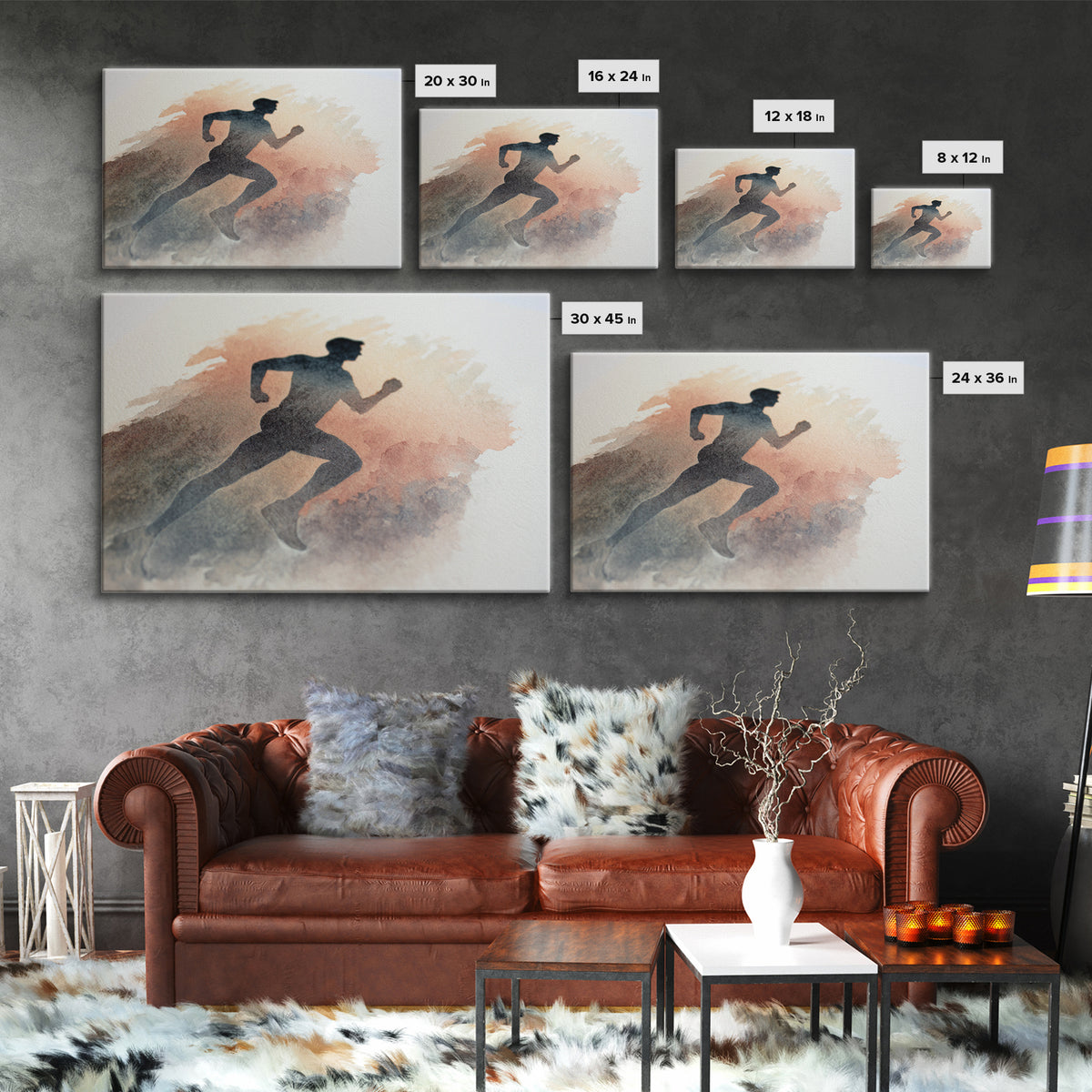 Runner Silhouette Breaking Through Morning Mist Framed Canvas Print, Fitness Studio Art, Abstract Art, Gym Decor, Motion, FSA-3x2-5