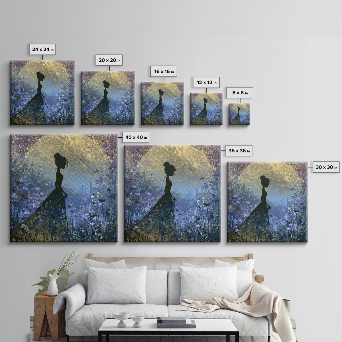 Princess Silhouette with Moonlit Garden Flowers Canvas Print, Fairy Tale Art, Art Nouveau Print, Living Room Decor, Storybook, FTA-1x1-100
