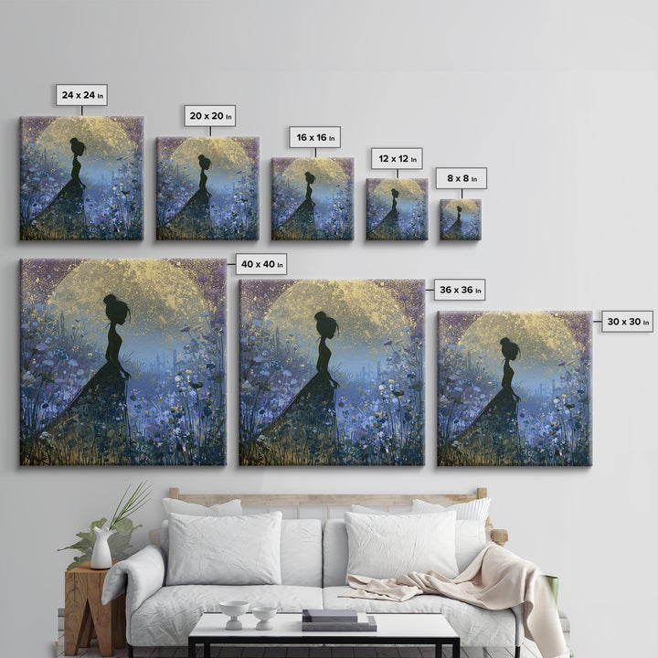 Princess Silhouette with Moonlit Garden Flowers Canvas Print, Fairy Tale Art, Art Nouveau Print, Living Room Decor, Storybook, FTA-1x1-100