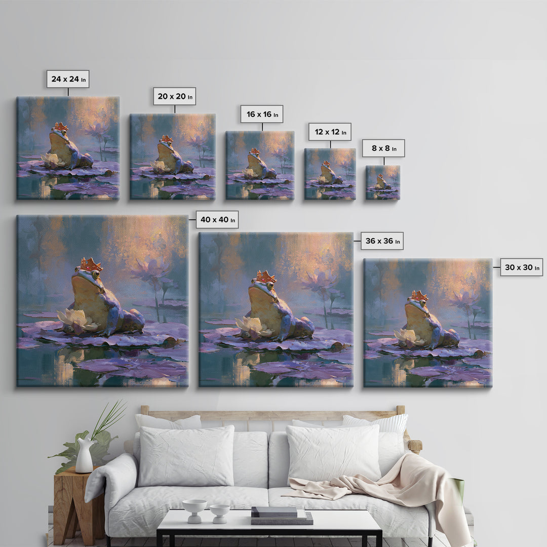 Frog Prince on a Lily Pad Framed Canvas Print, Fairy Tale Art, Whimsical Decor, Living Room Decor, Fine Art, Storybook, FTA-1x1-11