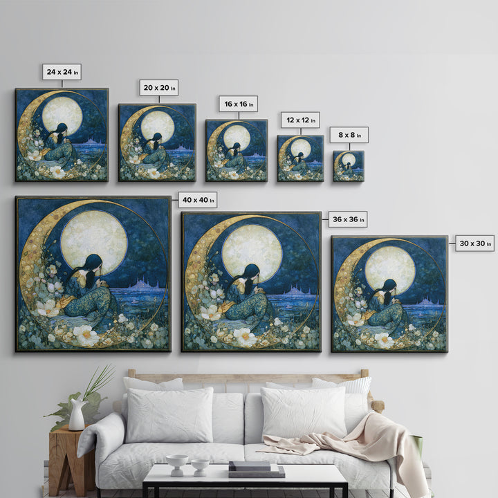 Mermaid Combing Hair Beneath a Pearl Moon Framed Canvas Print, Fairy Tale Art, Painting, Living Room Decor, Fine Art, Storybook, FTA-1x1-12