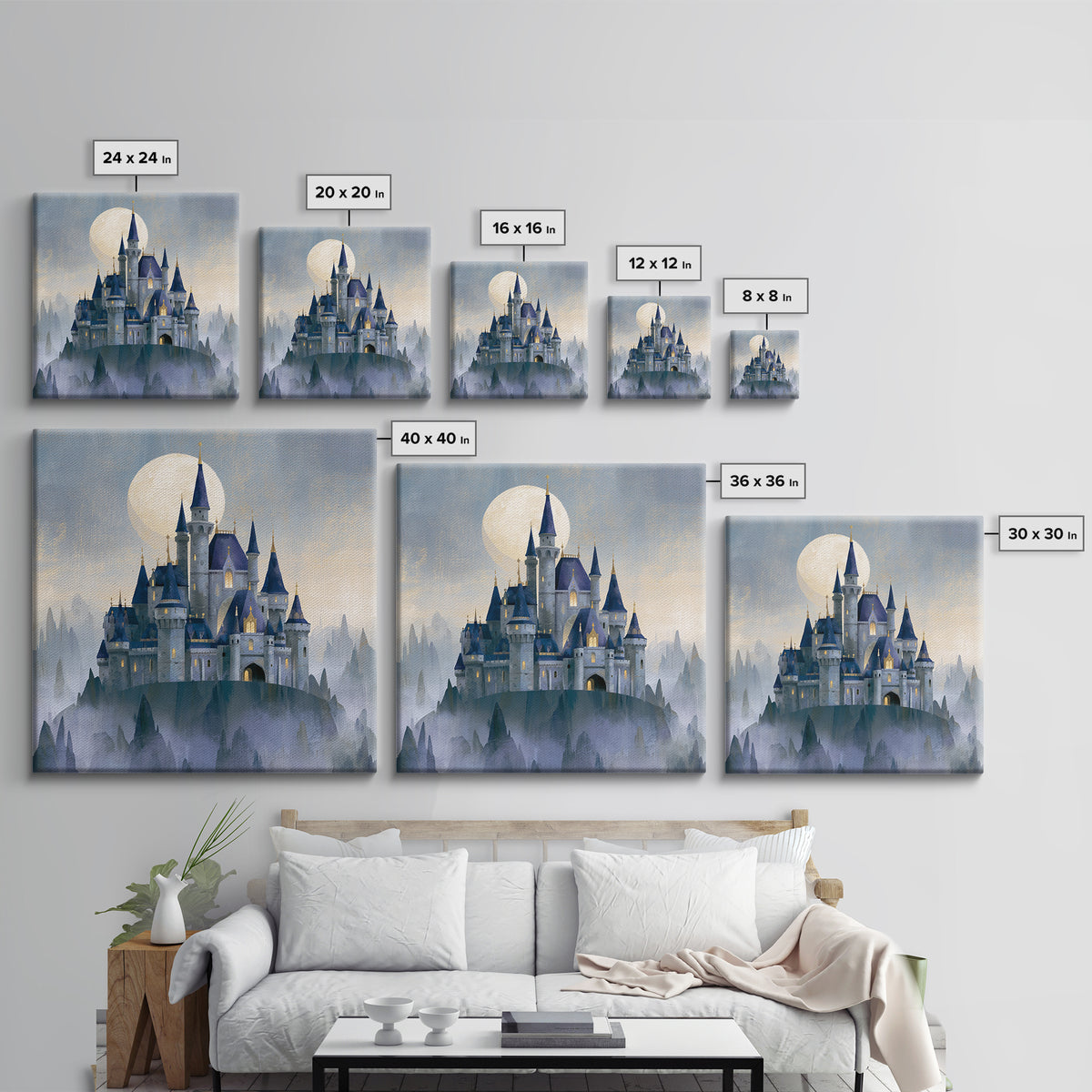Storybook Castle on a Misty Hill Framed Canvas Print, Fairy Tale Art, Dark Art, Living Room Decor, Fine Art, Storybook, FTA-1x1-2