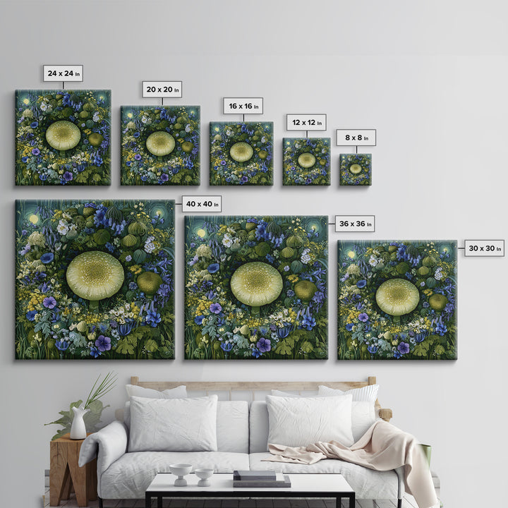 Fairy Ring of Mushrooms and Wildflowers Framed Canvas Print, Fairy Tale Art, Neutral Decor, Living Room Decor, Oil Painting, FTA-1x1-21
