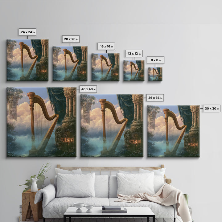 Golden Harp in a Cloud Kingdom Canvas Print, Fairy Tale Art, Princess Wall Art, Living Room Decor, Oil Painting, Storybook, FTA-1x1-22