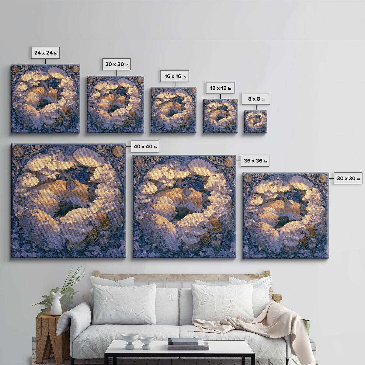 Sleeping Fox Beside a Magical Mushroom Ring Framed Canvas Print, Fairy Tale Art, Nursery Art, Living Room Decor, Storybook, FTA-1x1-27