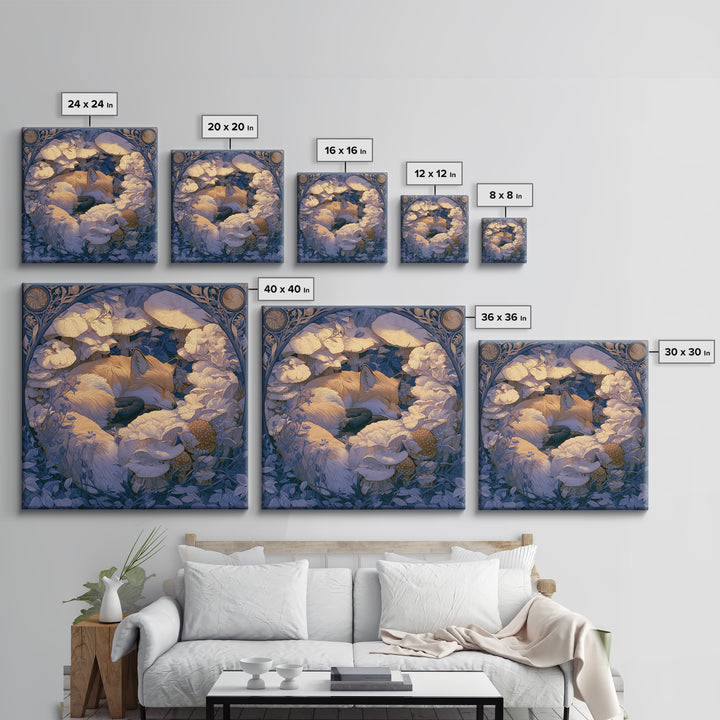 Sleeping Fox Beside a Magical Mushroom Ring Framed Canvas Print, Fairy Tale Art, Nursery Art, Living Room Decor, Storybook, FTA-1x1-27