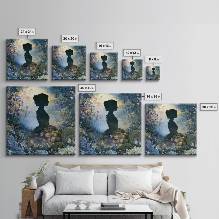 Princess Silhouette with Moonlit Garden Flowers Framed Canvas Print, Fairy Tale Art, Art Deco, Living Room Decor, Storybook, FTA-1x1-28