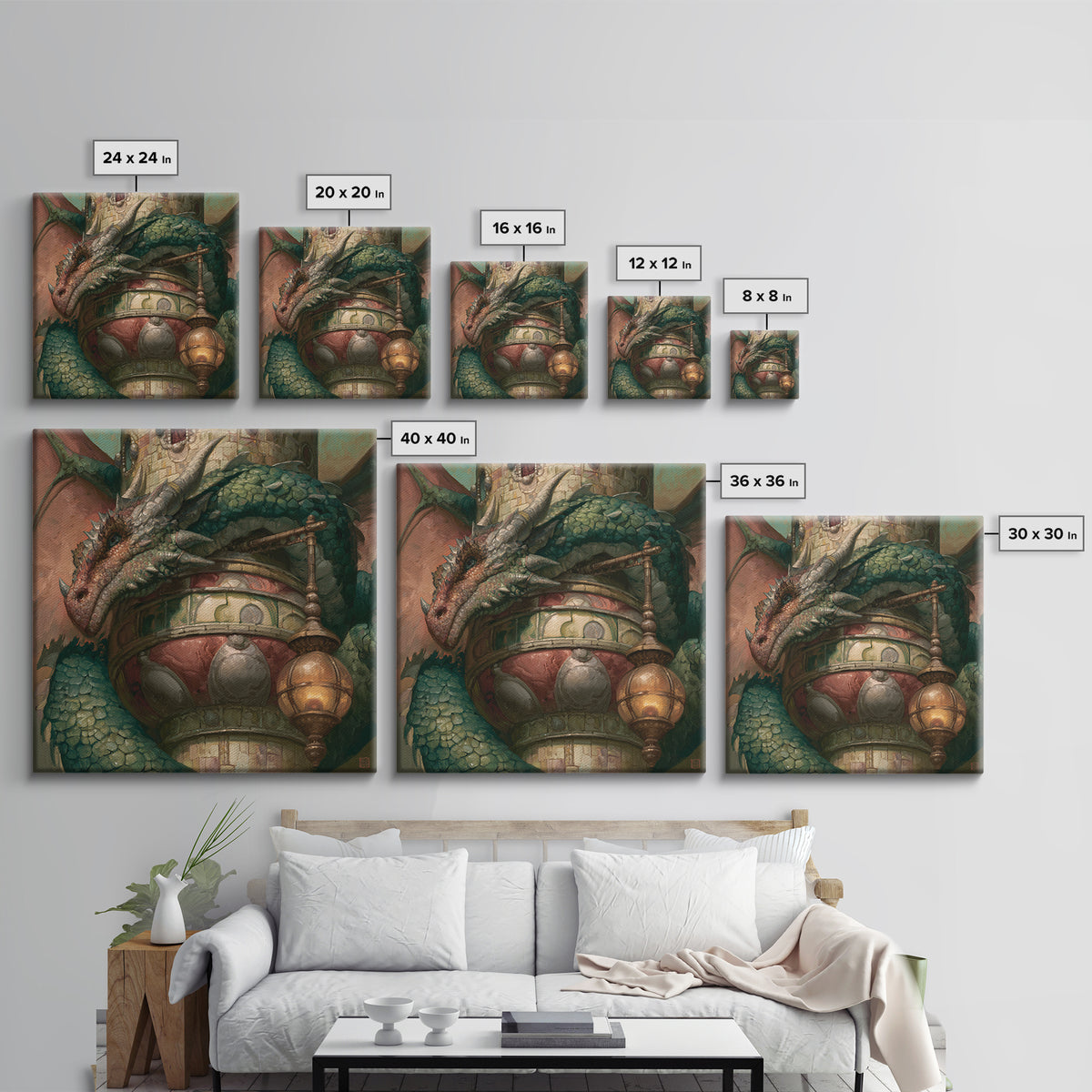 Dragon Curled Around a Jeweled Tower Framed Canvas Print, Fairy Tale Art, Textured Painting, Living Room Decor, Storybook, FTA-1x1-29