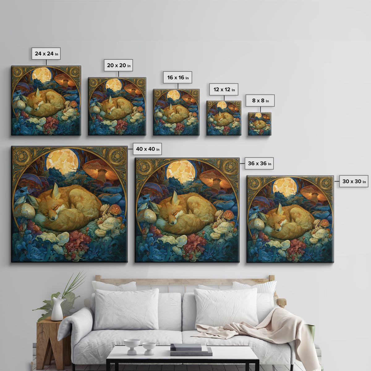 Sleeping Fox Beside a Magical Mushroom Ring Canvas Print, Fairy Tale Art, Abstract Art, Living Room Decor, Storybook, FTA-1x1-3