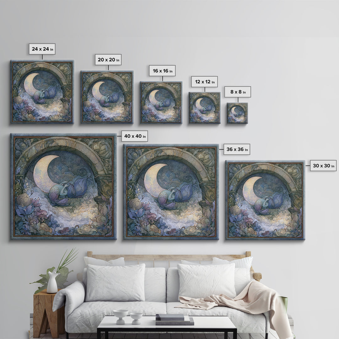 Mermaid Combing Hair Beneath a Pearl Moon Canvas Print, Fairy Tale Art, Nursery Wall Art, Living Room Decor, Watercolor Art, FTA-1x1-36