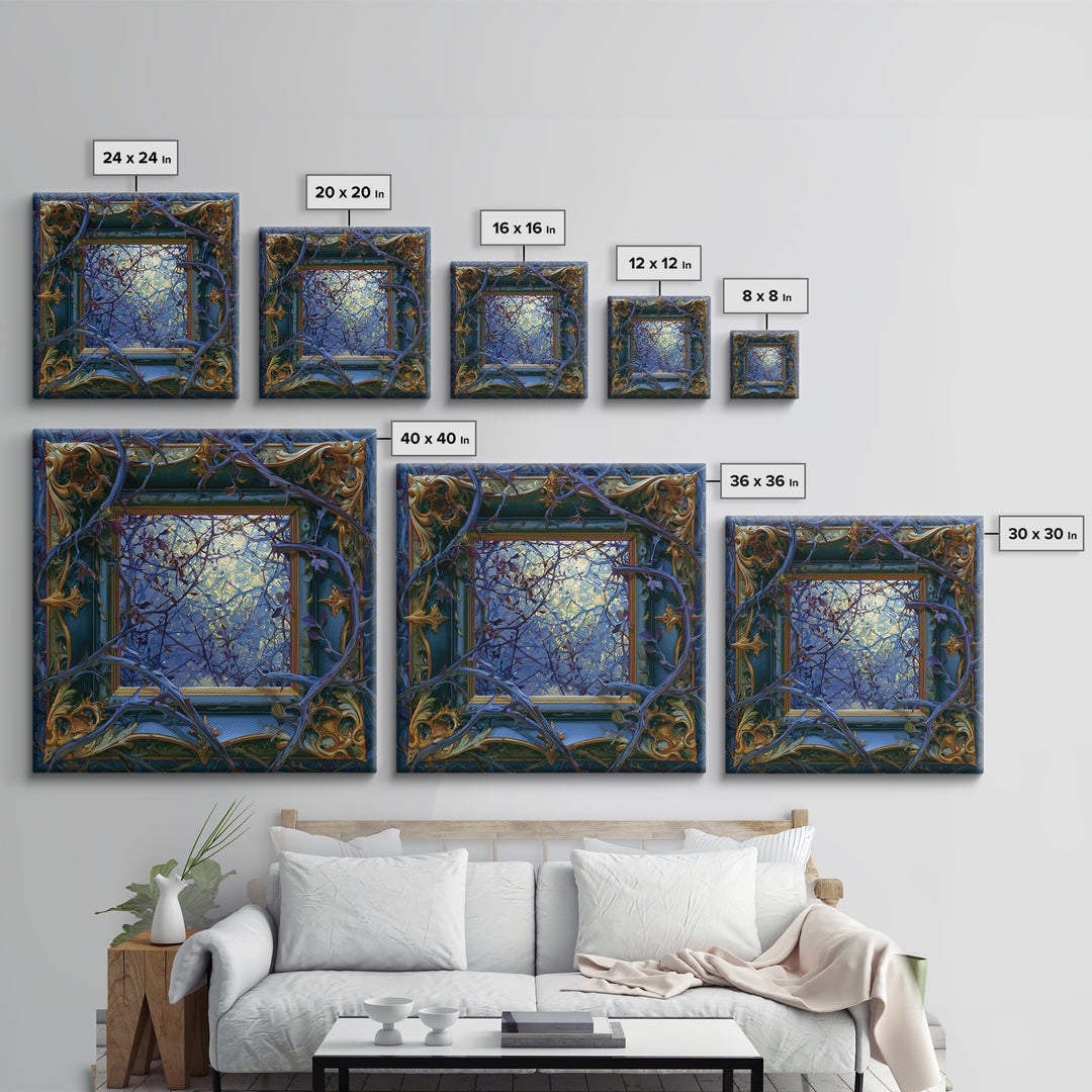 Magic Mirror Framed by Vines and Thorns Framed Canvas Print, Fairy Tale Art, Boho Decor, Living Room Decor, Oil Painting, FTA-1x1-37
