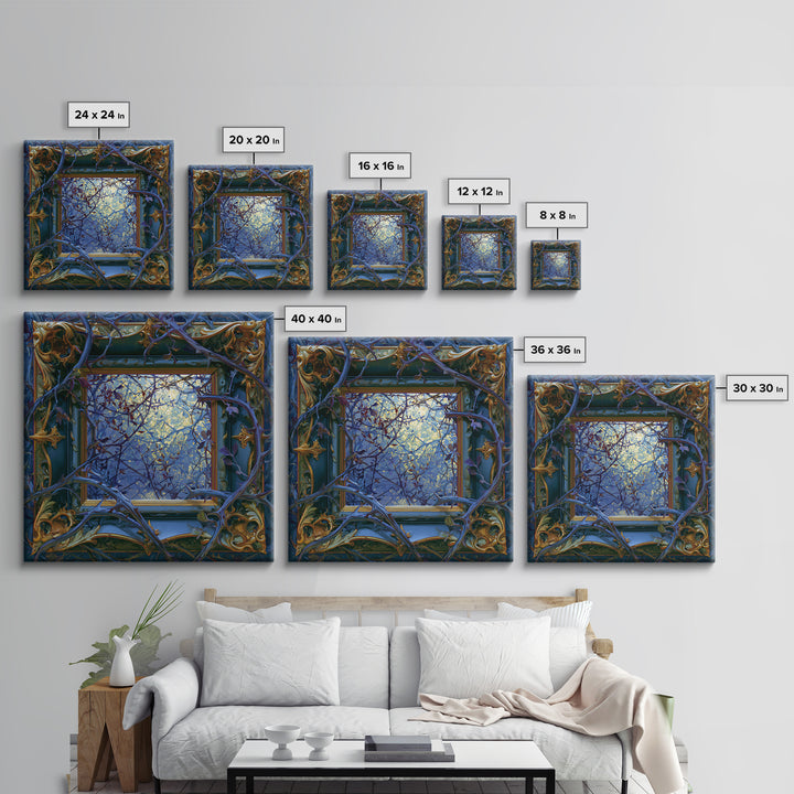 Magic Mirror Framed by Vines and Thorns Framed Canvas Print, Fairy Tale Art, Boho Decor, Living Room Decor, Oil Painting, FTA-1x1-37