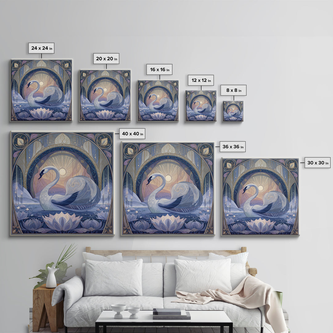White Swan Transformation Scene Framed Canvas Print, Fairy Tale Art, Folk Art, Living Room Decor, Fine Art, Storybook, FTA-1x1-39