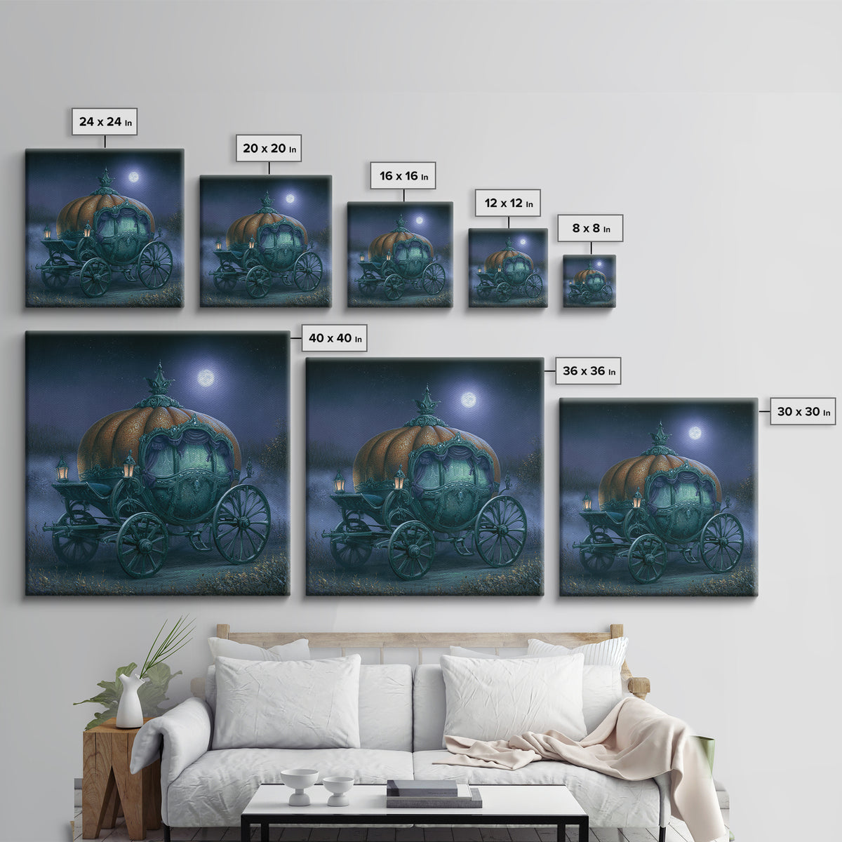 Pumpkin Carriage under Midnight Sky Framed Canvas Print, Fairy Tale Art, Room Decor, Living Room Decor, Fine Art, Storybook, FTA-1x1-40