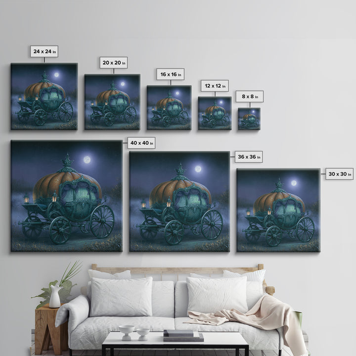 Pumpkin Carriage under Midnight Sky Framed Canvas Print, Fairy Tale Art, Room Decor, Living Room Decor, Fine Art, Storybook, FTA-1x1-40