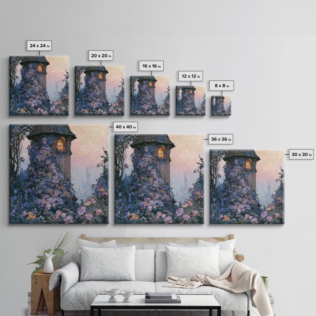 Rose Covered Tower Framed Canvas Print, Fairy Tale Art, Kids Room Decor, Living Room Decor, Abstract Art, Storybook, FTA-1x1-42