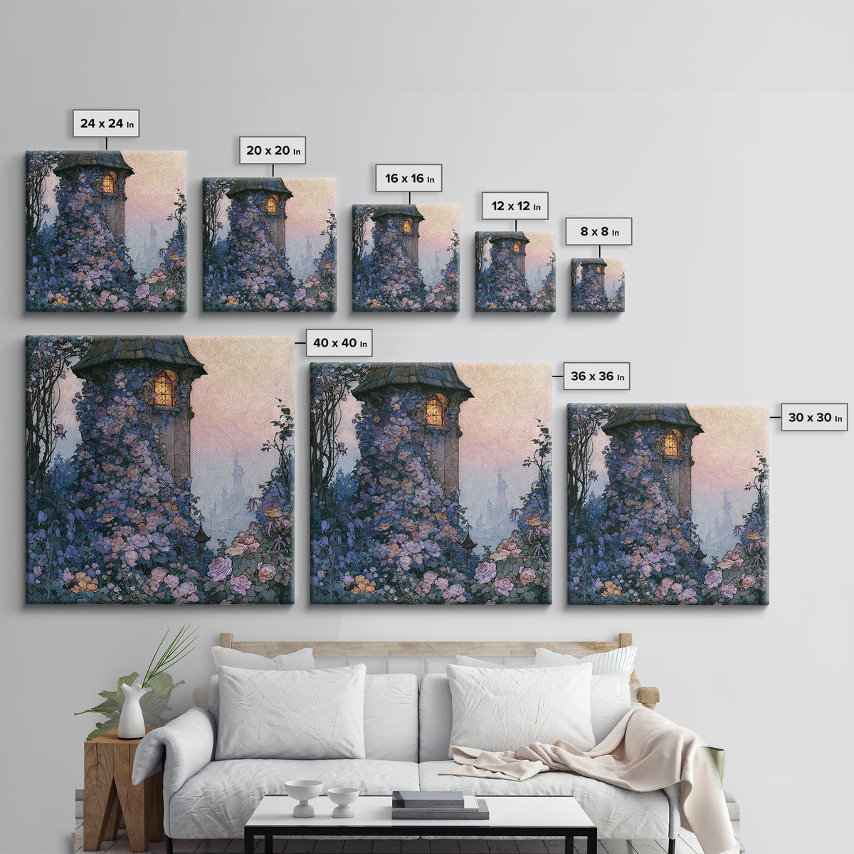 Rose Covered Tower Framed Canvas Print, Fairy Tale Art, Kids Room Decor, Living Room Decor, Abstract Art, Storybook, FTA-1x1-42